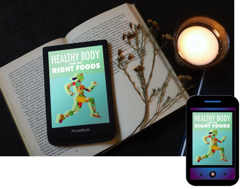 healthy body with right foods vignette of tablet, hardcover book, and smartphone