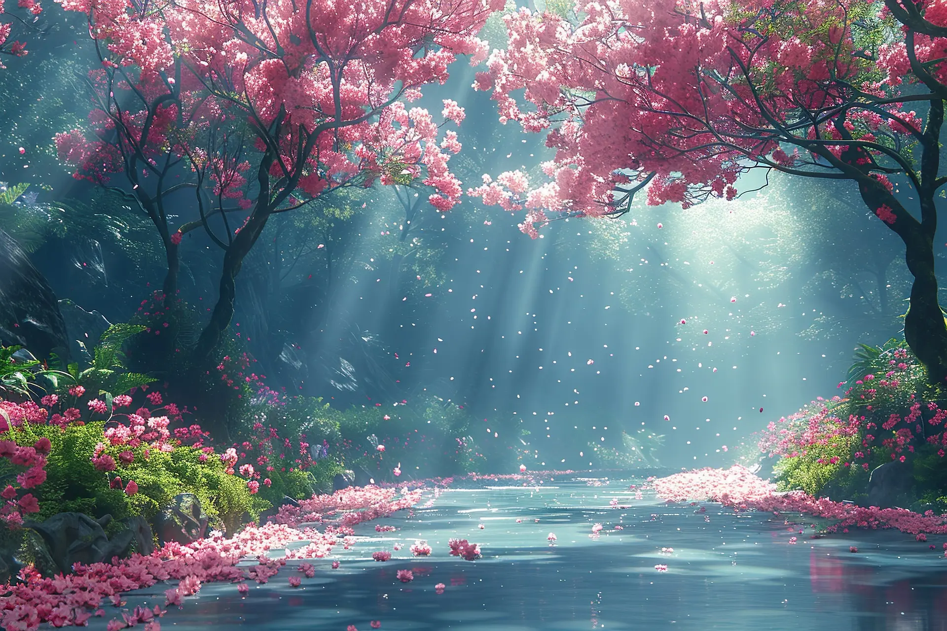 generated image of trees with pink flowers lining a path